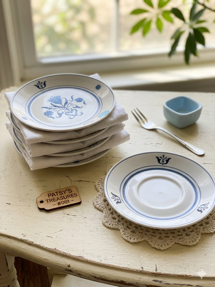 Set of white plates with blue floral patterns on a wooden table.